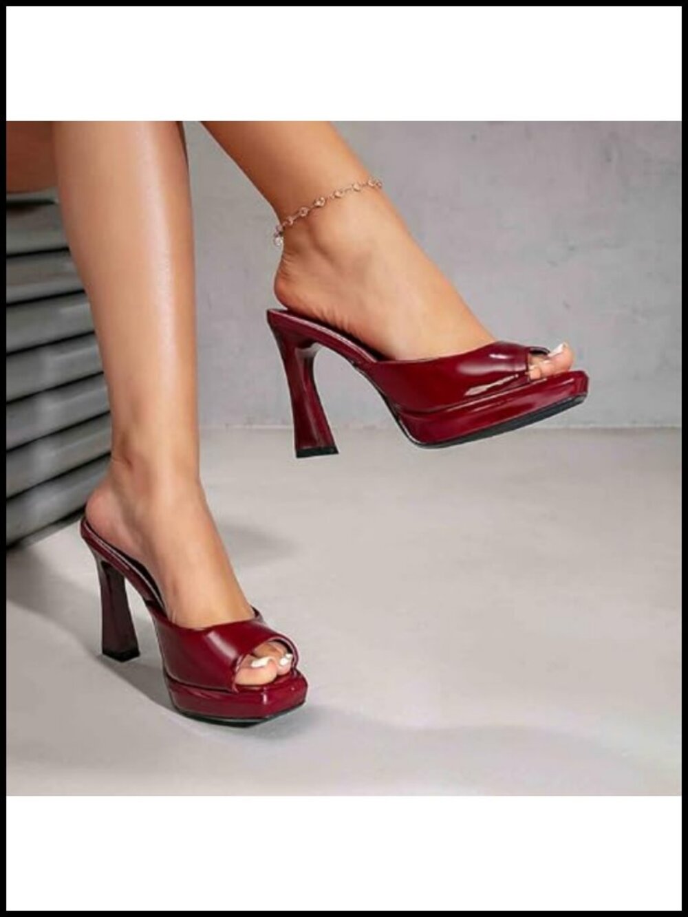 Patent Leather Chunky Heel Mule Sandals Peep Toe Slip On Dress Pumps - Picture 6 of 6